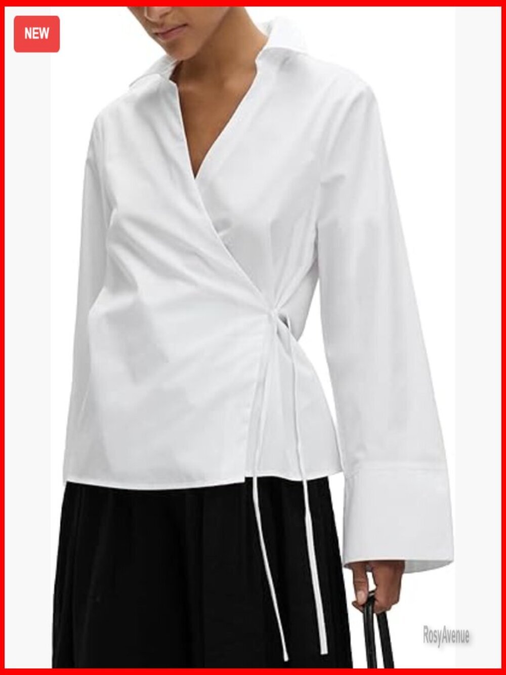Wrap Front V-Neck Blouse Adjustable Tie Waist Long Sleeve for Office